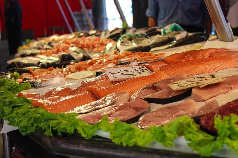 a market display of fatty fish