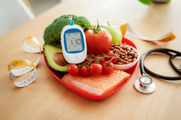 Blood-Sugar-Control-002-02 Healthy food and glucose meter. Diabetes, healthy lifestyle and nutrition concept.