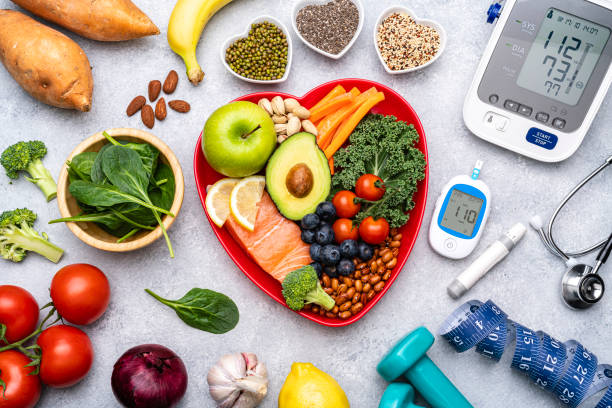 Blood-Sugar-Levels-001-04 Healthy eating for blood glucose, blood pressure and weight control concept.