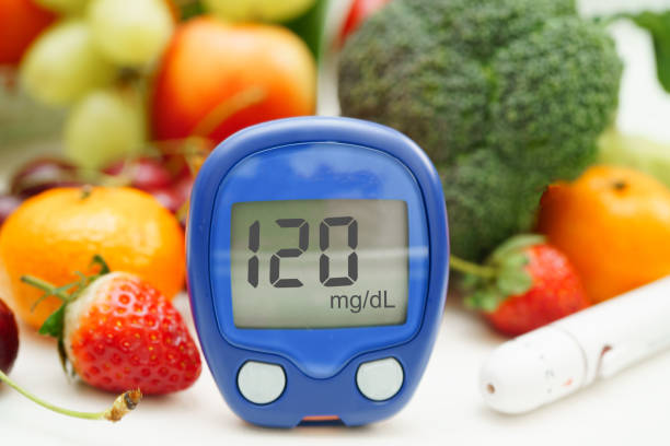 Digital glucose meter food for check sample blood sugar level to treatment diabetes with vegetable and fruit healthy.