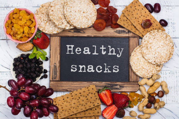 Assortment of healthy snacks. Kids school lunch or diet concept. Copy space