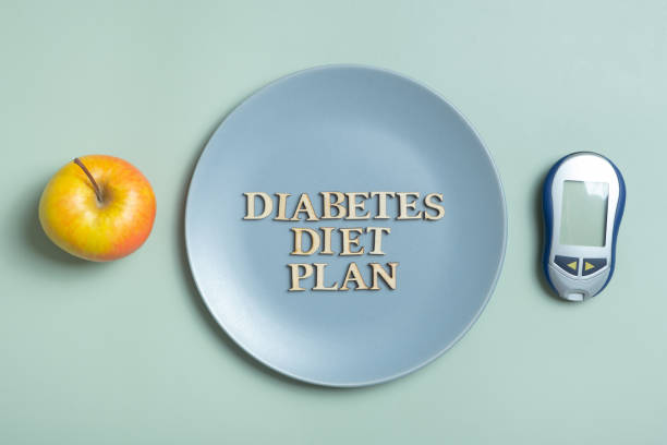 Diabetes Diet Plan text. Glucometer and plate with apple on colored background flat lay, top view.