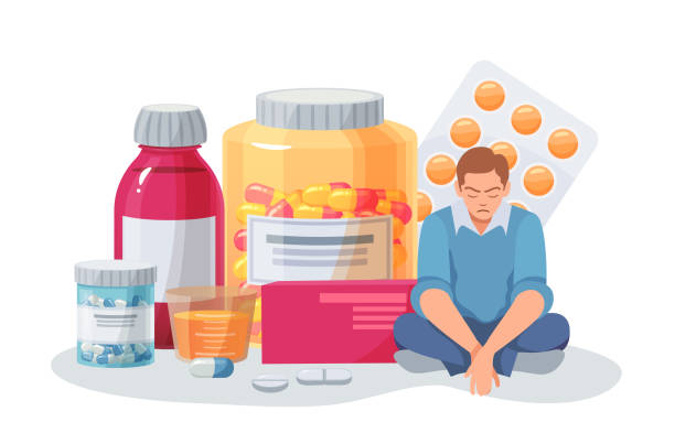 ED-Medications-001 Depressed person sitting near big bottles with pills. Stressed man in despair having medical treatment. Male character having psychological problems curing with medical drugs vector illustration