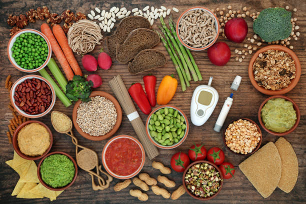 Low glycemic vegan diet food for diabetics below 55 on the GI index with testing & lancing devices. High in antioxidants, anthocyanins, vitamins, minerals, protein, fibre, omega 3 & smart carbs. Top view.