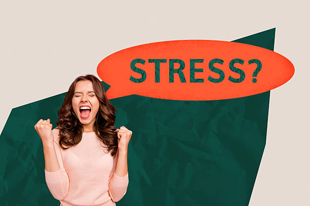 Stress-001 Creative trend collage of person saying stress in speech bubble on grey green background.