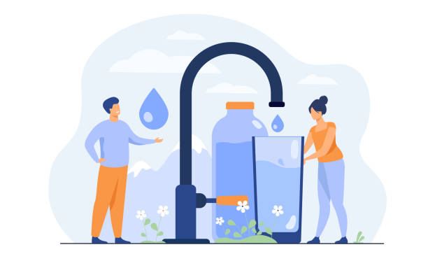 Water-002 Pure fresh water concept. Tiny woman pouring clean water from faucet with mountain landscape in background. Vector illustration for natural drink, healthy environment concept
