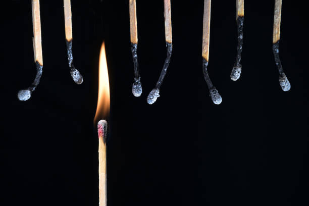 Burning match with a flame between a row of burnt matches hanging upside down, concept for success by thinking different, individual action and not repeating mistakes, black background