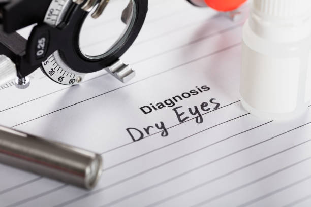 Close-up Of Text Diagnosis Dry Eyes On Piece Of Paper With Diopter And Medicine