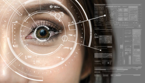 Asian women being futuristic vision, digital technology screen over the eye vision background, security and command in the accesses. surveillance and sefety concept