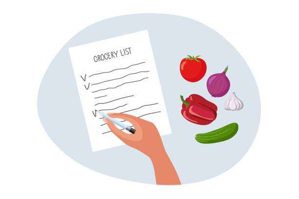 Grocery list. Human hand marks items on shopping list. Sheet with handwritten text. Vegetable set. Person shopping at grocery shop. Colored flat Vector illustration isolated on white background.