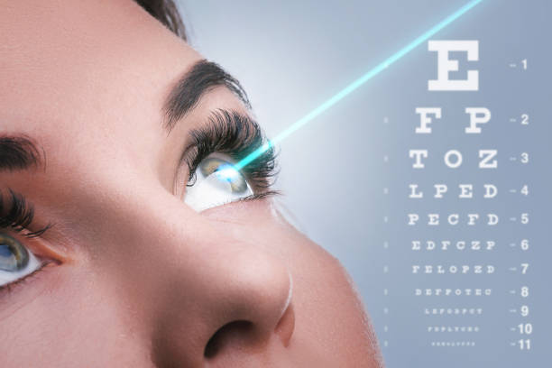 Female eye and laser beam during visual acuity correction with eye chart