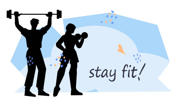 Stay fit sport banner, maintaining physical fitness through sports activities. Stay in shape and improve well-being banner or poster design, flat vector illustration isolated on white background.