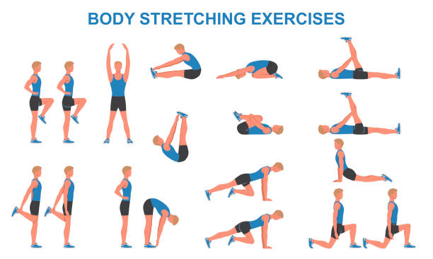 Body stretching exercise set. Cool down after workout. Banner with physical activity for muscle and ligament flexibility. Training and sport.