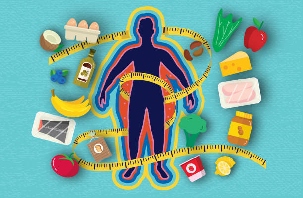 Vector illustration of Healthy eating and food weight loss concept with silhouette of obese person losing weight with measuring tape and vibrant colors. Weight loss and diabetes.