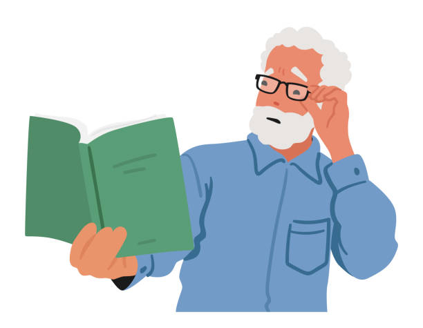 Elderly Man In Glasses Squints At A Blurry Book, Highlighting Struggle Of Age-related Vision Issues. Concept Of Vision Problems In Aging with Senior Male Character.