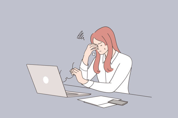 Stress, burnout, overwork concept. Young stressed businesswoman cartoon character witting touching head working on laptop feeling worried, tired and overwhelmed vector illustration
