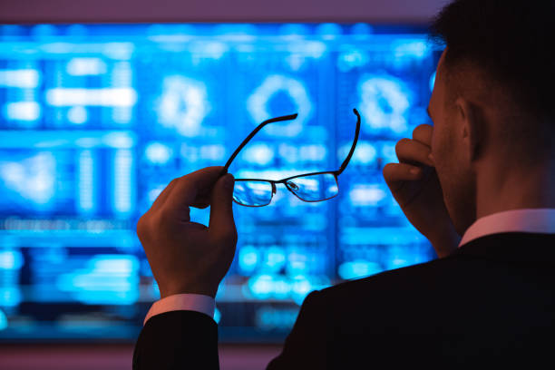 The businessman feeling headache on the screen background