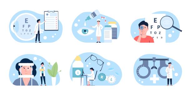 Ophthalmologist doctors, ophthalmology instrument and clinic for eye health. Vision check up, drops and glasses. Optometry vector scene. Illustration of instrument ophthalmologist to correction