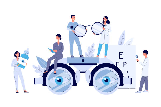 Ophthalmology web banner or page with tiny cartoon people. Ophthalmology medicine and optical eyesight examination flat vector illustration isolated on white background.