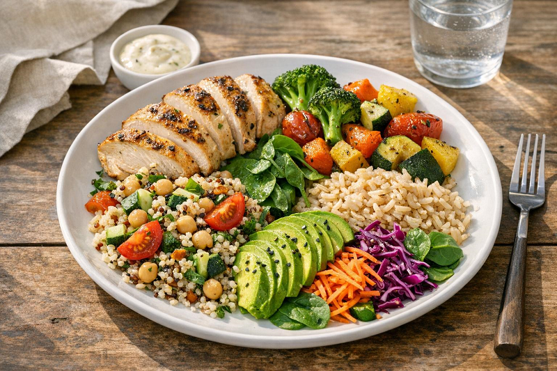 Balanced healthy meal with vegetables whole grains and protein