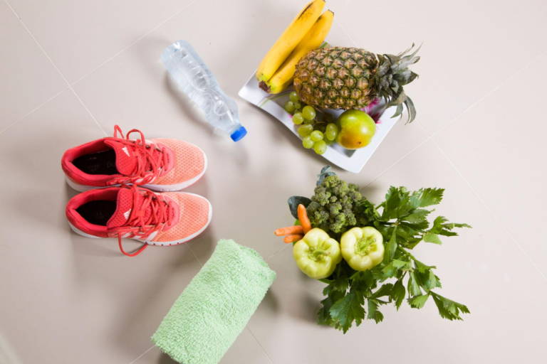 Simple daily habits for a healthier lifestyle with healthy food, water, and exercise
