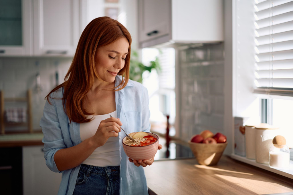 Healthy morning routine with nutritious breakfast, water, and exercise
