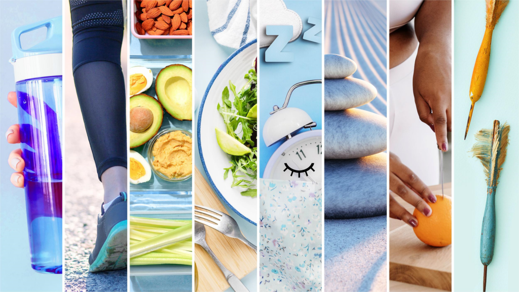 Healthy daily habits including nutrition, exercise, sleep, and mental wellness