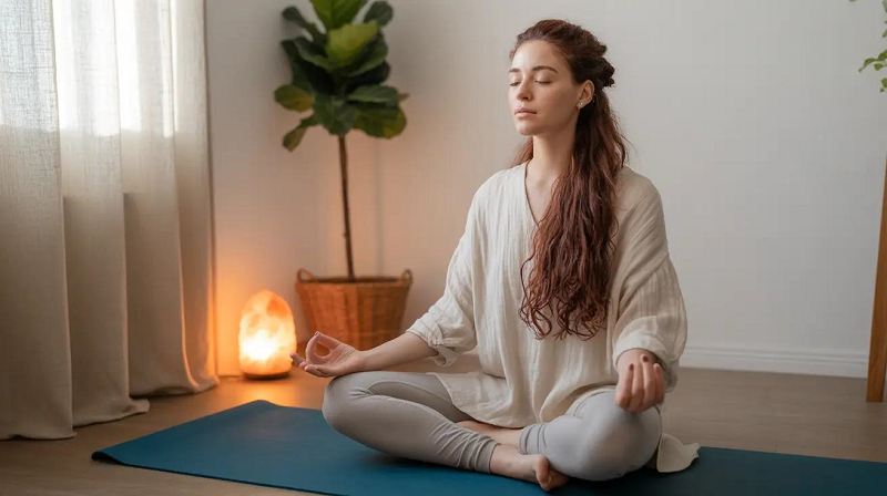 Person practicing mindfulness and stress relief at home