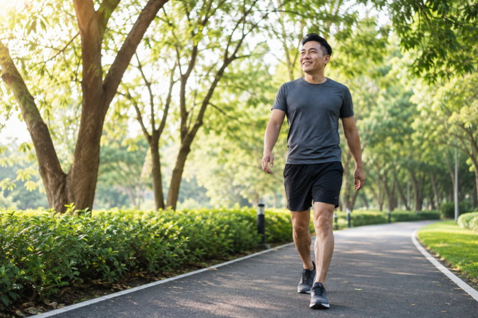 Adult taking a brisk walk to meet daily exercise goals