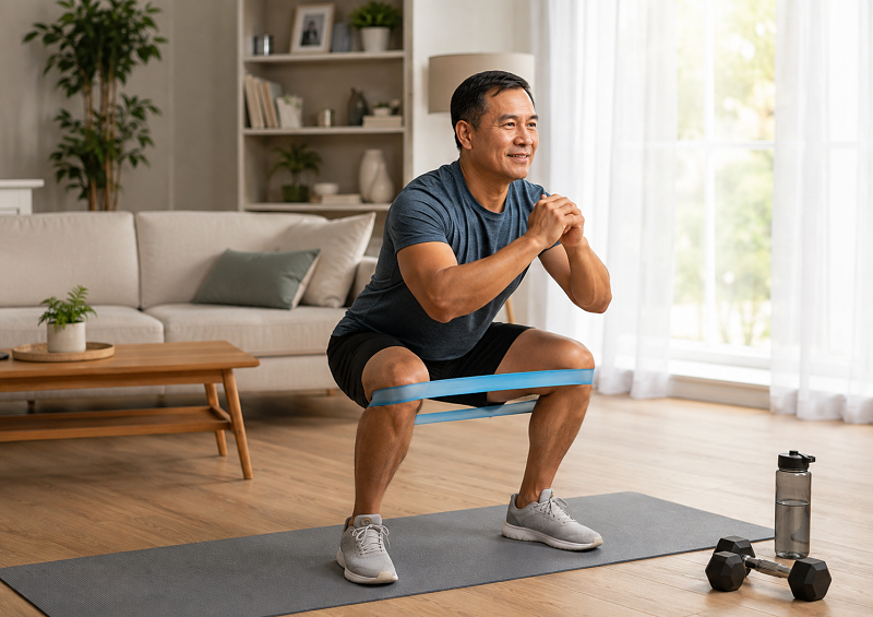 Adult doing strength training exercises at home
