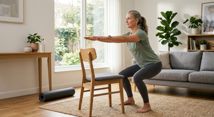 Beginner doing a low-impact chair squat workout at home