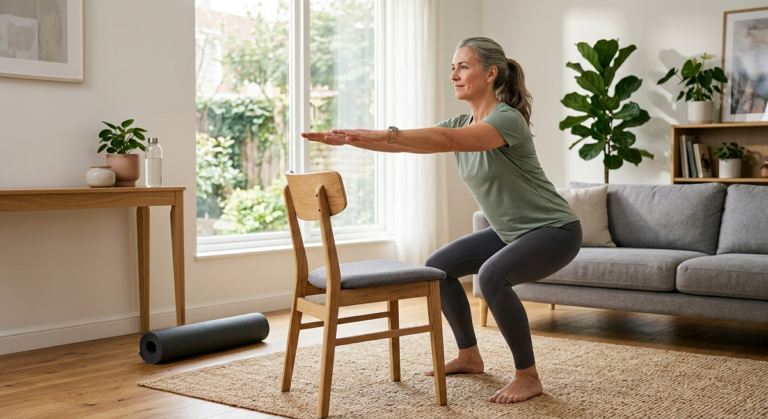 Beginner doing a low-impact chair squat workout at home