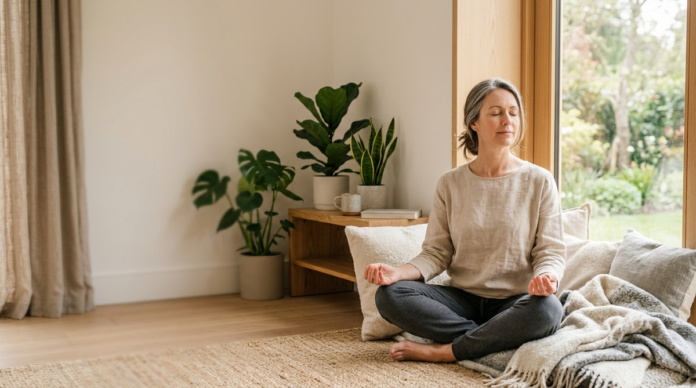 Woman practicing deep breathing at home for stress relief