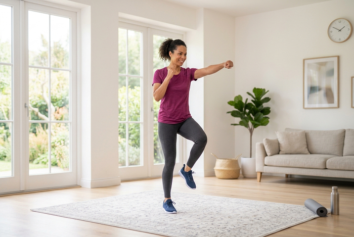 Adult completing a simple home cardio circuit in a living room