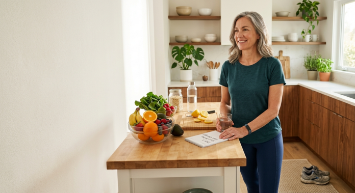 Adult starting a 30-day healthy living challenge with nutritious foods and fitness essentials