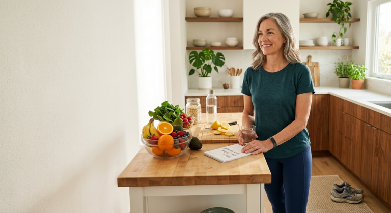 Adult starting a 30-day healthy living challenge with nutritious foods and fitness essentials