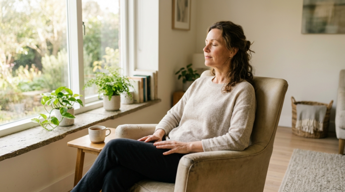 Person practicing a five-minute stress relief breathing exercise at home