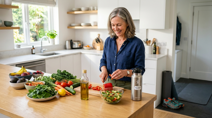Adult practicing healthy lifestyle habits with fresh food, water, and exercise