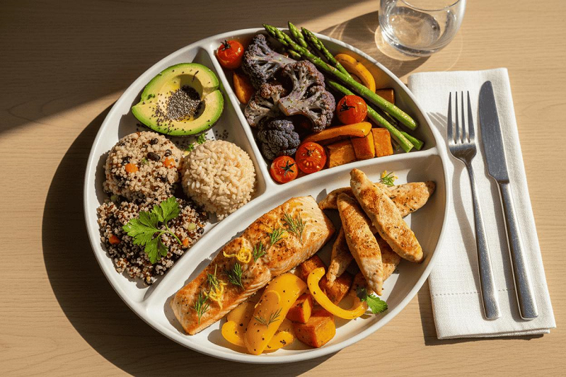 Balanced healthy plate with vegetables protein whole grains and healthy fats