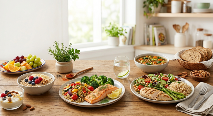 Healthy DASH diet meal with vegetables, fruits, whole grains, fish, beans, and nuts