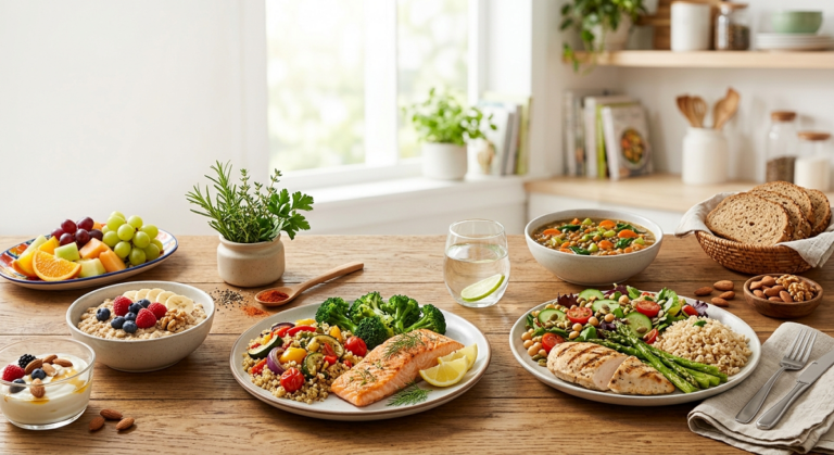 Healthy DASH diet meal with vegetables, fruits, whole grains, fish, beans, and nuts