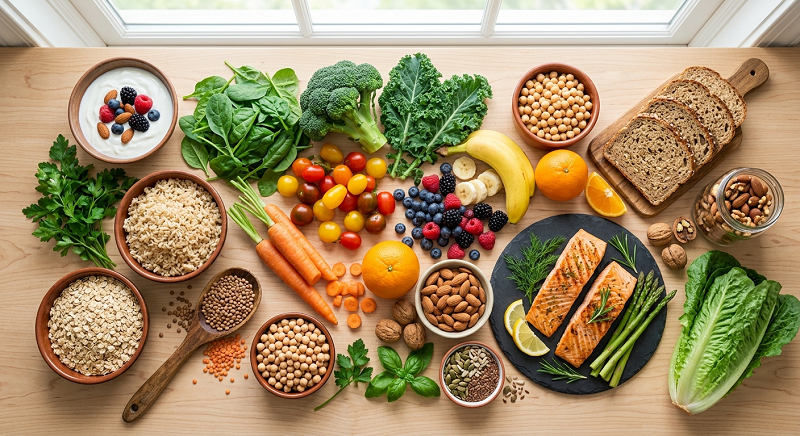 DASH diet foods including vegetables, fruits, whole grains, legumes, nuts, fish, and low-fat dairy