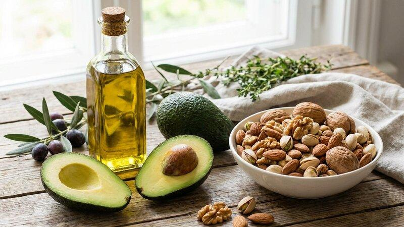 Healthy fat sources including avocado, nuts, seeds, and olive oil