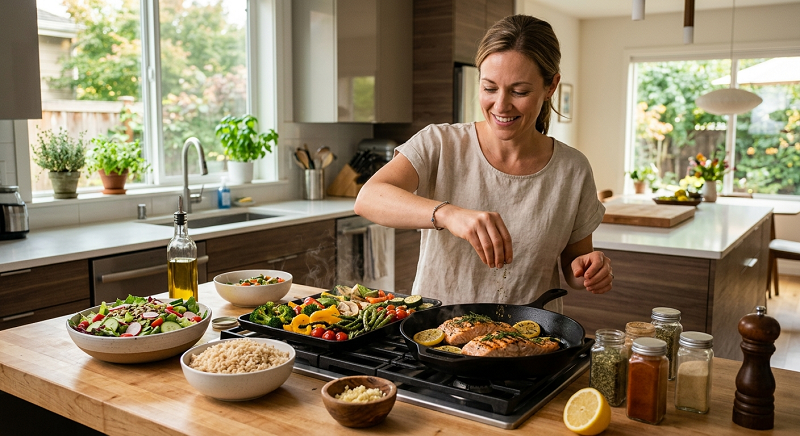 Adult preparing a low-sodium DASH meal with fish, vegetables, herbs, lemon, and brown rice