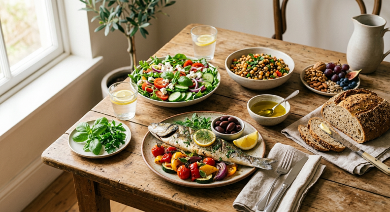 Mediterranean diet meal with vegetables, fish, whole grains, beans, fruit, nuts, and olive oil
