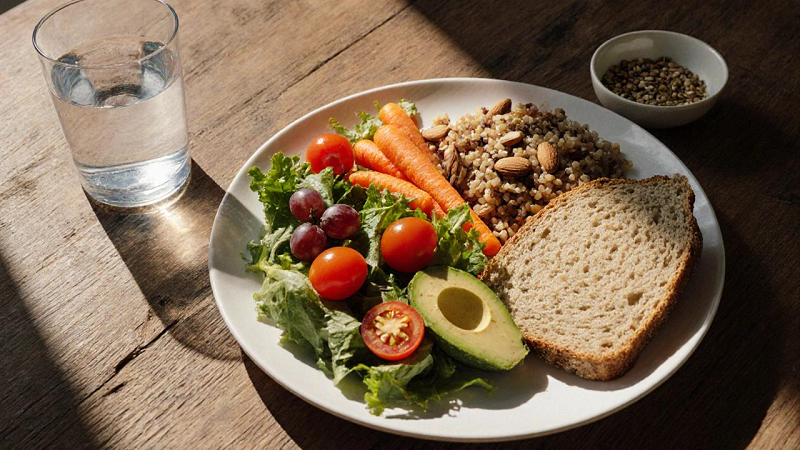 Plant-forward meal with vegetables beans whole grains and avocado