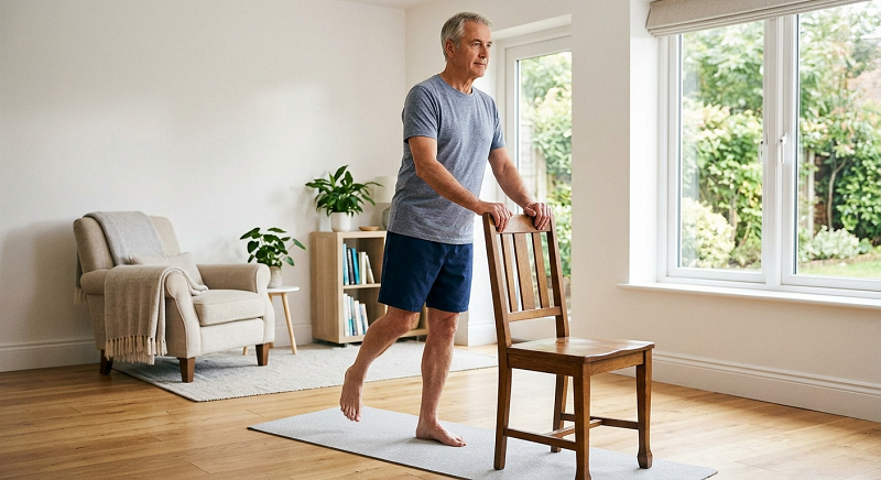 Older man practicing a balance exercise safely at home
