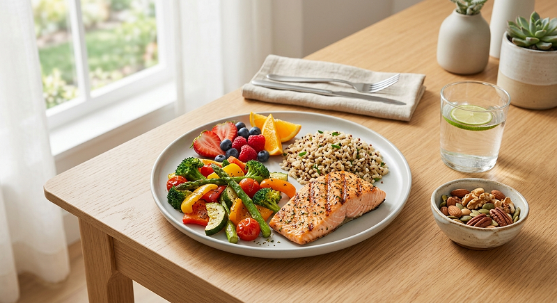 Balanced DASH diet plate with lean protein, vegetables, whole grains, fruit, and water
