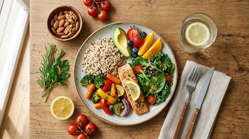 Balanced healthy meal with vegetables, whole grains, fruit, and lean protein - Healthy Eating