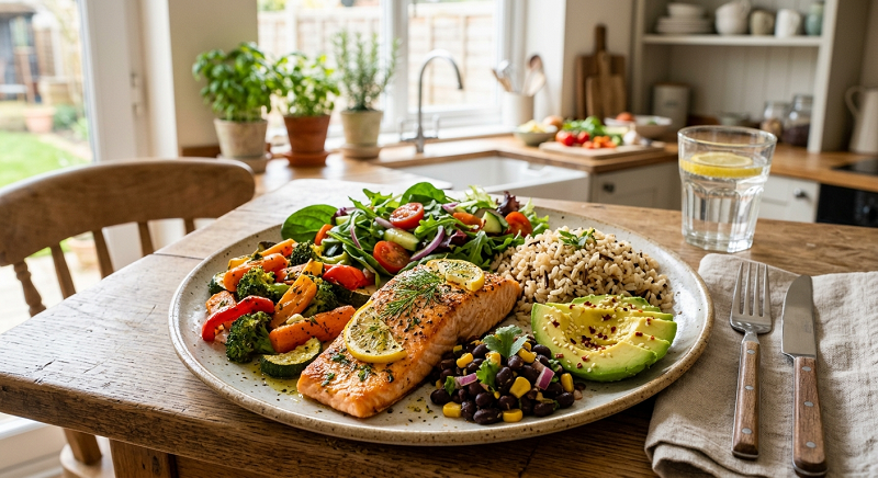 Balanced healthy meal with vegetables, salmon, brown rice, avocado, and beans